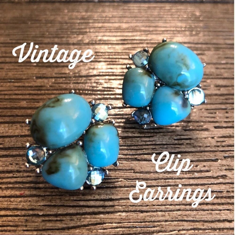 Faux Turquoise Clip Earrings Rhinestone Accents